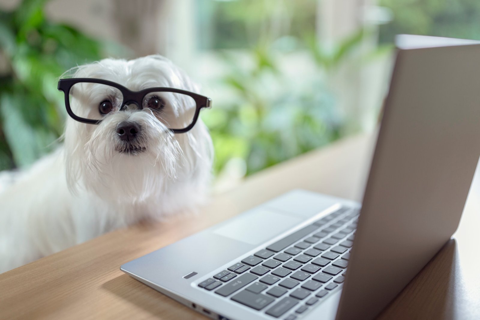 White dog sitting at a laptop with thick nerd glasses